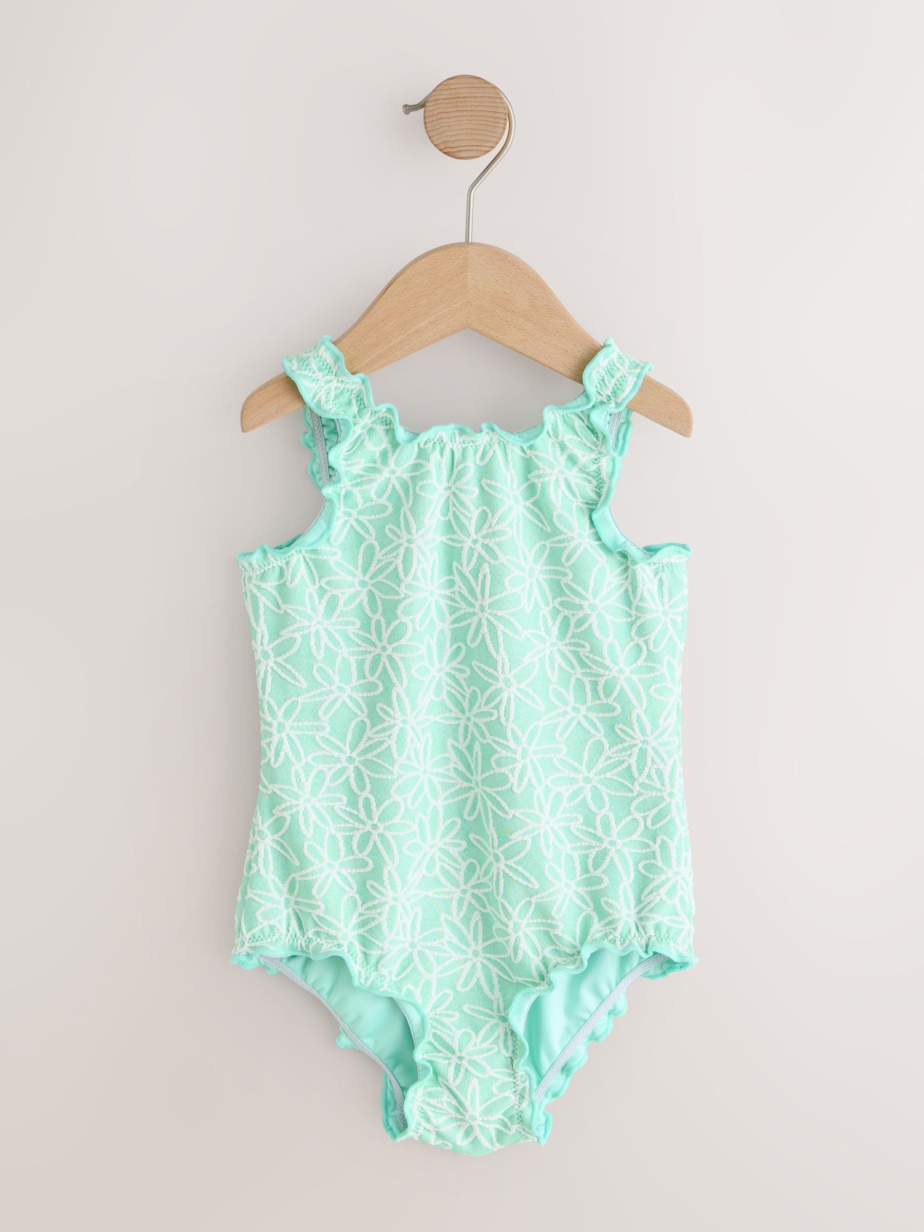 Mint Green Floral Texture Lettuce Edge Swimsuit (3mths-7yrs)