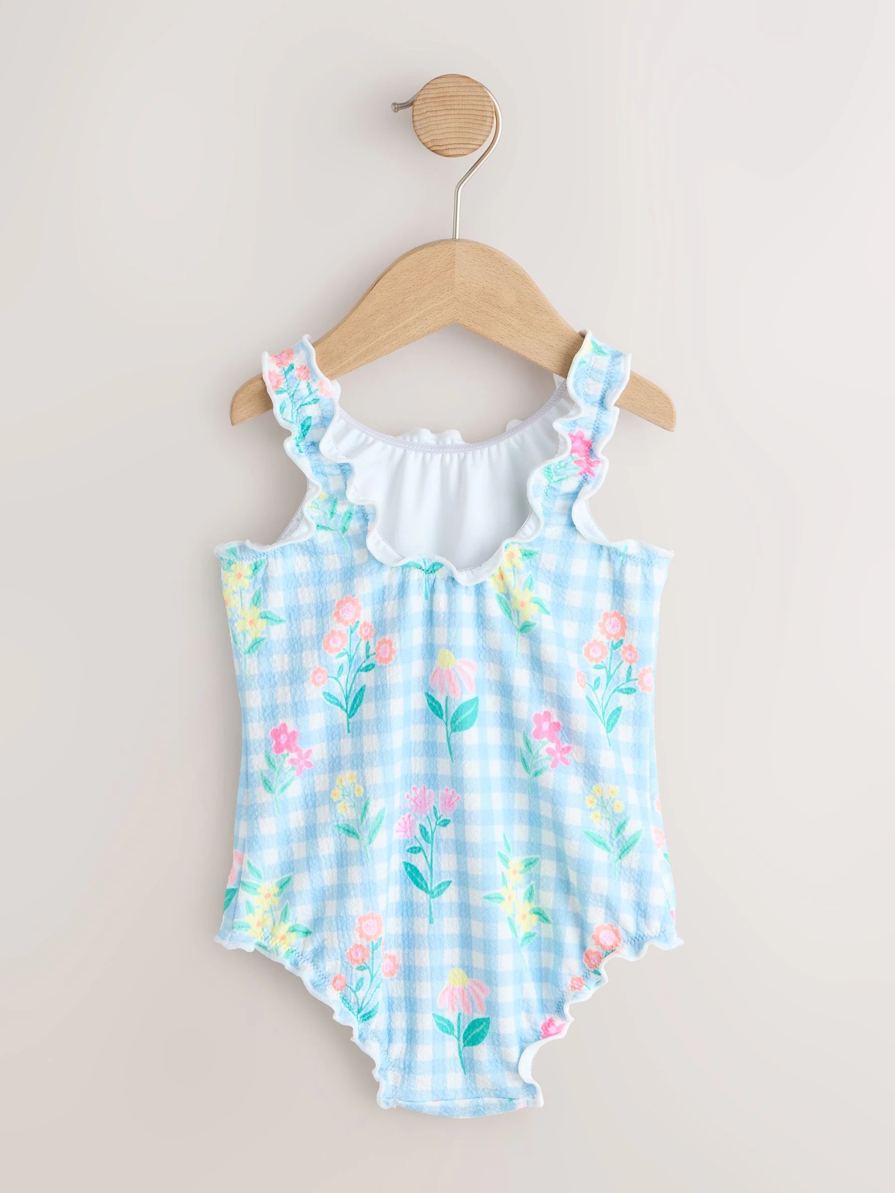 Blue Floral Gingham Lettuce Edge Swimsuit (3mths-7yrs)