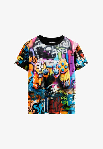 Next ALL OVER PRINT SHORT SLEEVE T-SHIRT STANDARD - Print T-shirt - black graffiti controller
