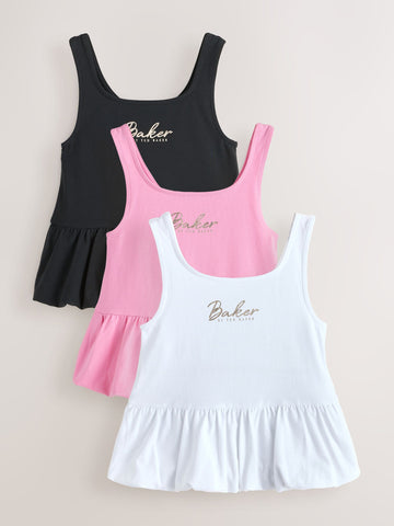 Baker by Ted Baker 3 Pack Bubble Hem Pink/Black/White Vest Tops