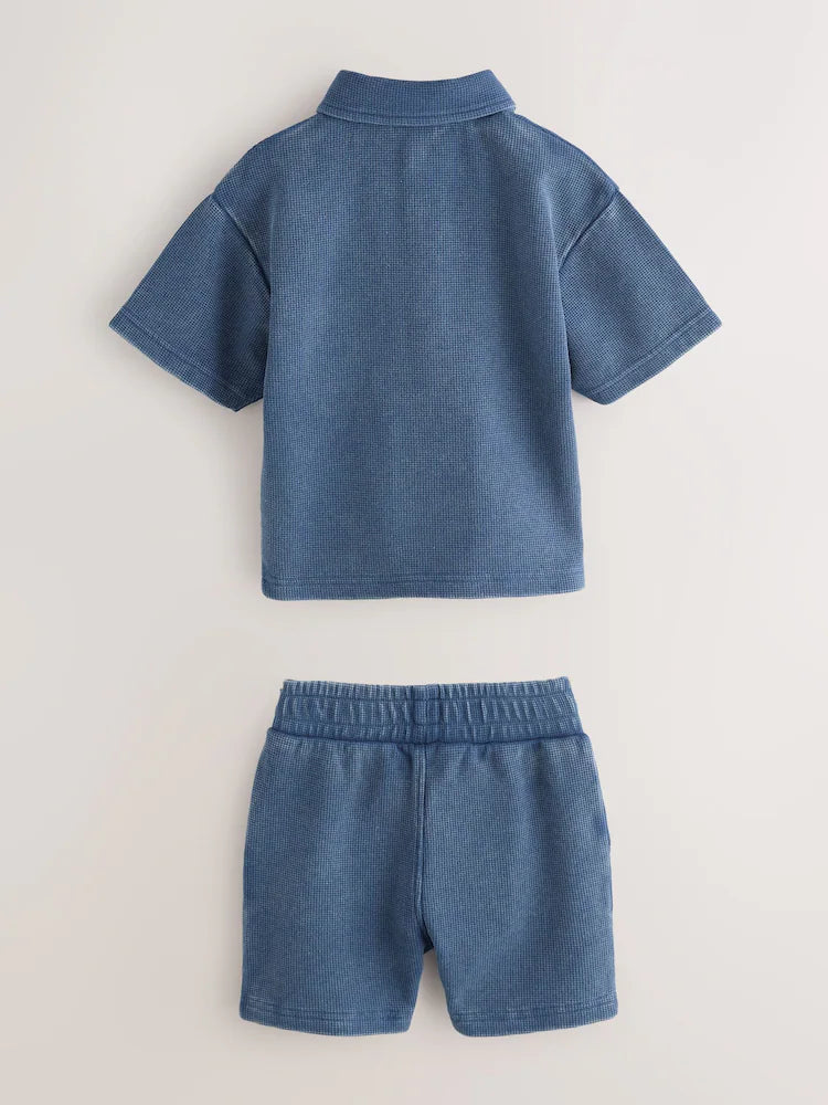 smALLSAINTS Blue Tierra Waffle Polo Shirt and Shorts Set