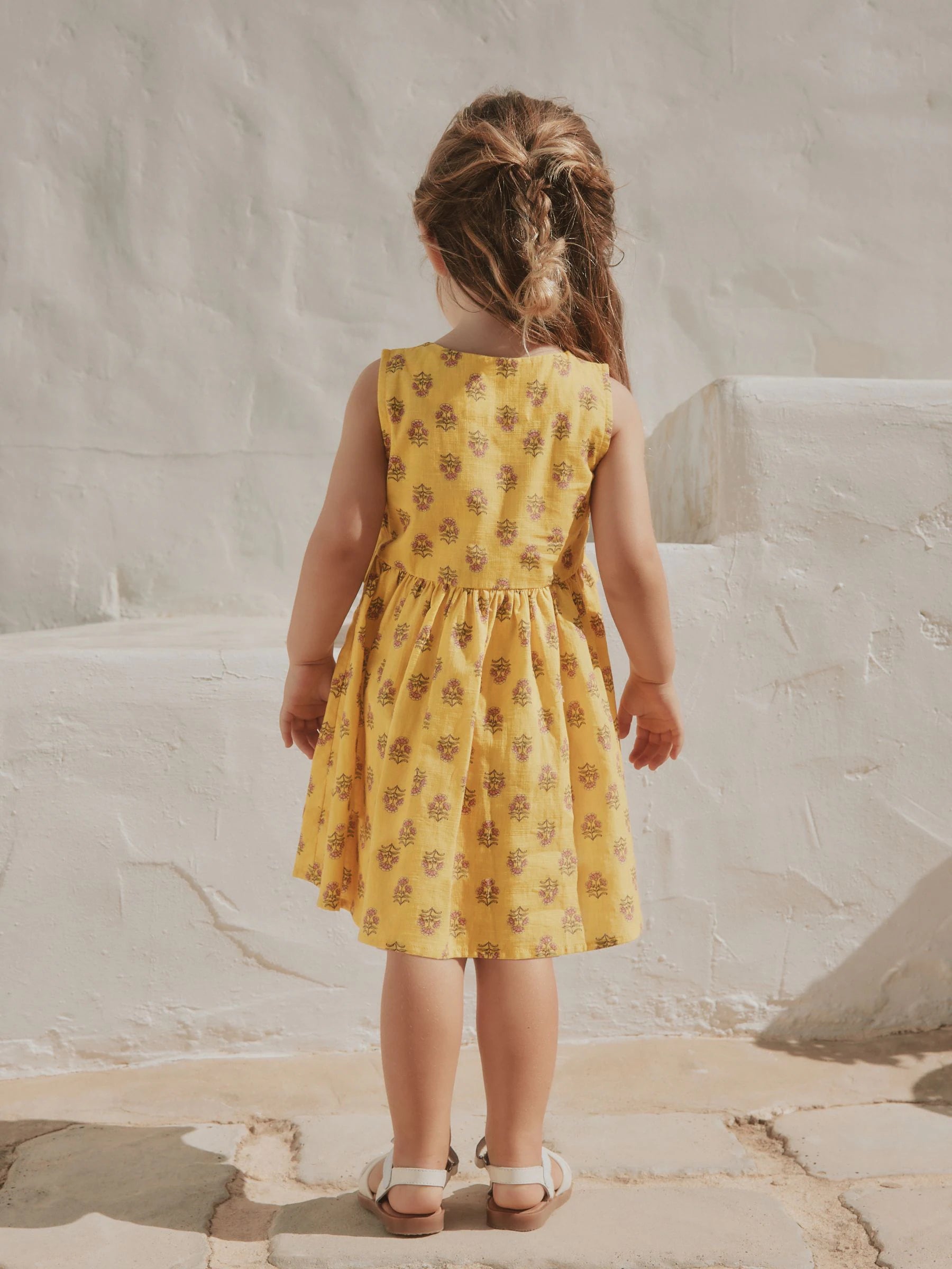 Yellow Woodblock Sleeveless Peplum Dress (3mths-8yrs)