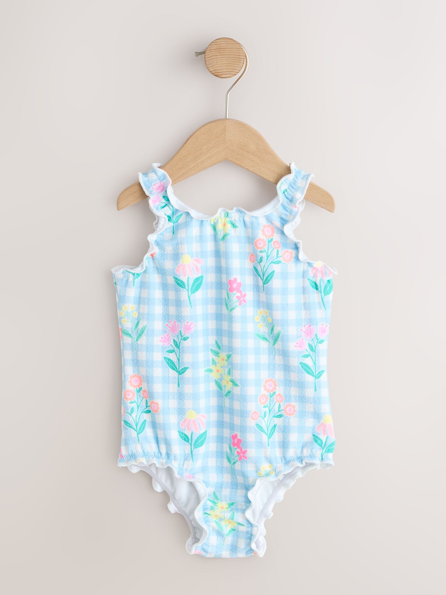 Blue Floral Gingham Lettuce Edge Swimsuit (3mths-7yrs)