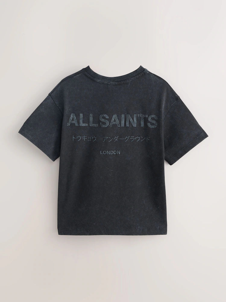 smALLSAINTS Washed Black Distressed Oversized Underground Crew Neck Cotton T-Shirt