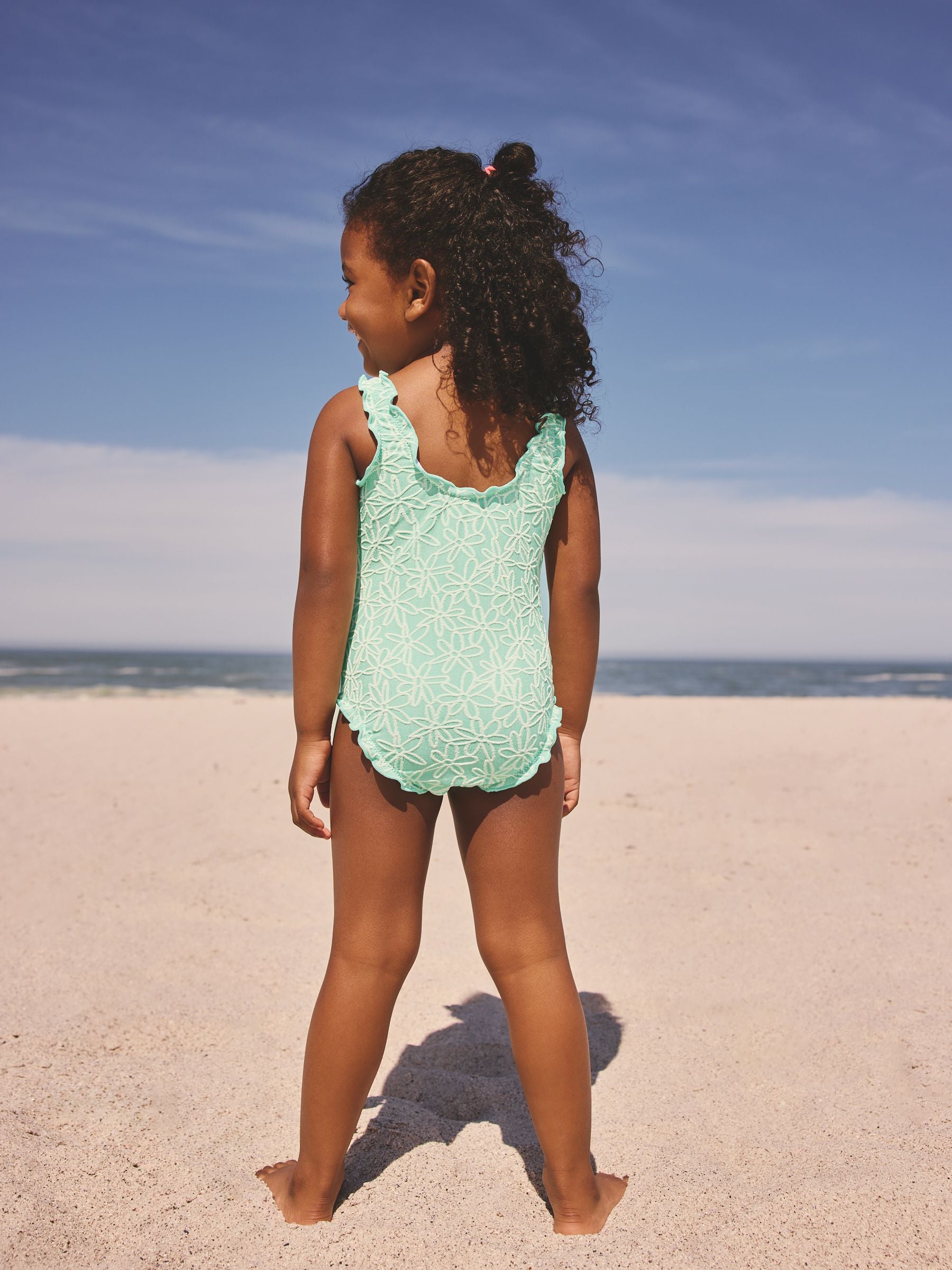 Mint Green Floral Texture Lettuce Edge Swimsuit (3mths-7yrs)