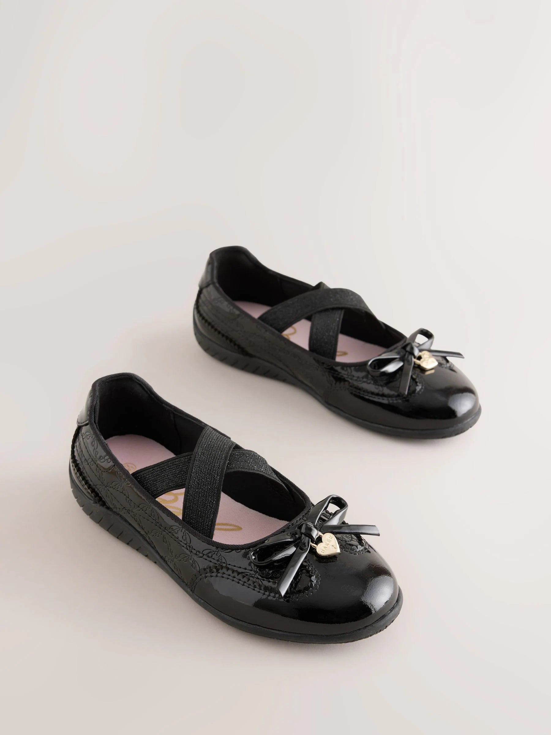 Baker by Ted Baker Black Back to School Patent Embossed Ballet Strap Bow Mary Jane Trainers
