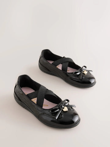 Baker by Ted Baker Black Back to School Patent Embossed Ballet Strap Bow Mary Jane Trainers