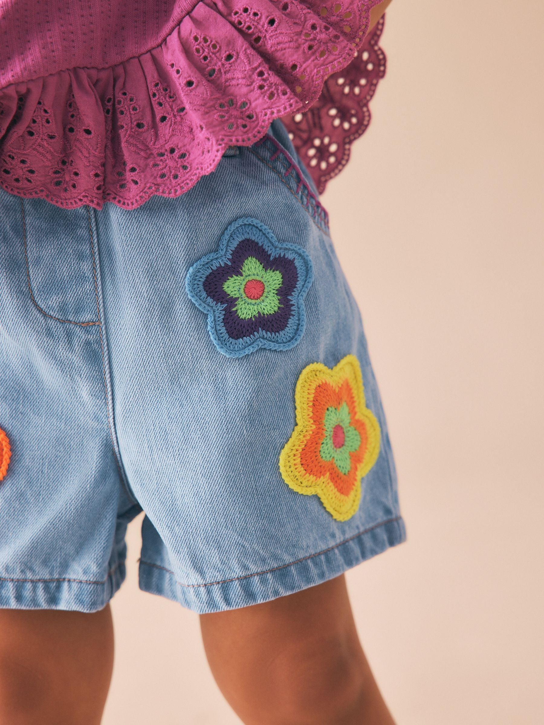 Mid Denim Crochet Flower Pull On Denim Shorts (3mths-10yrs)