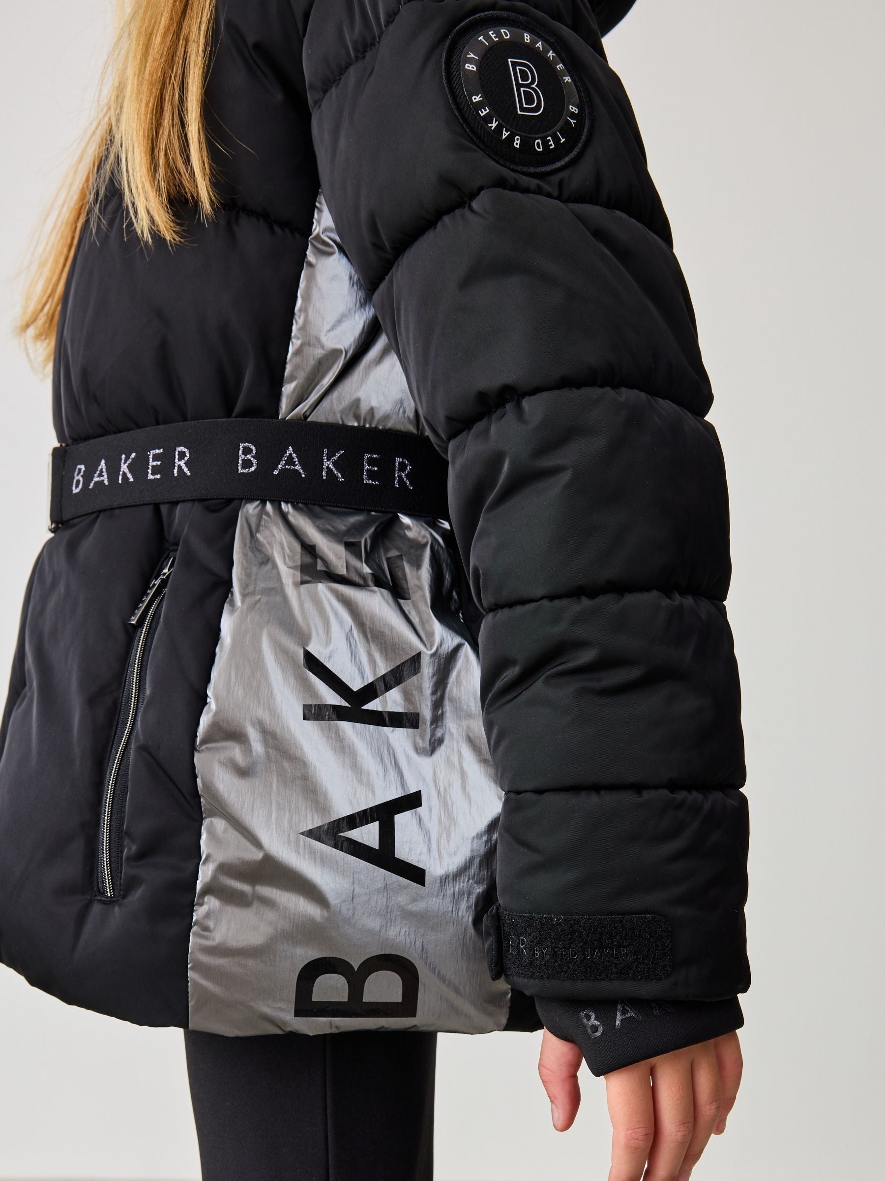 Baker by Ted Baker Shower Resistant Panel Belted Black Padded Coat