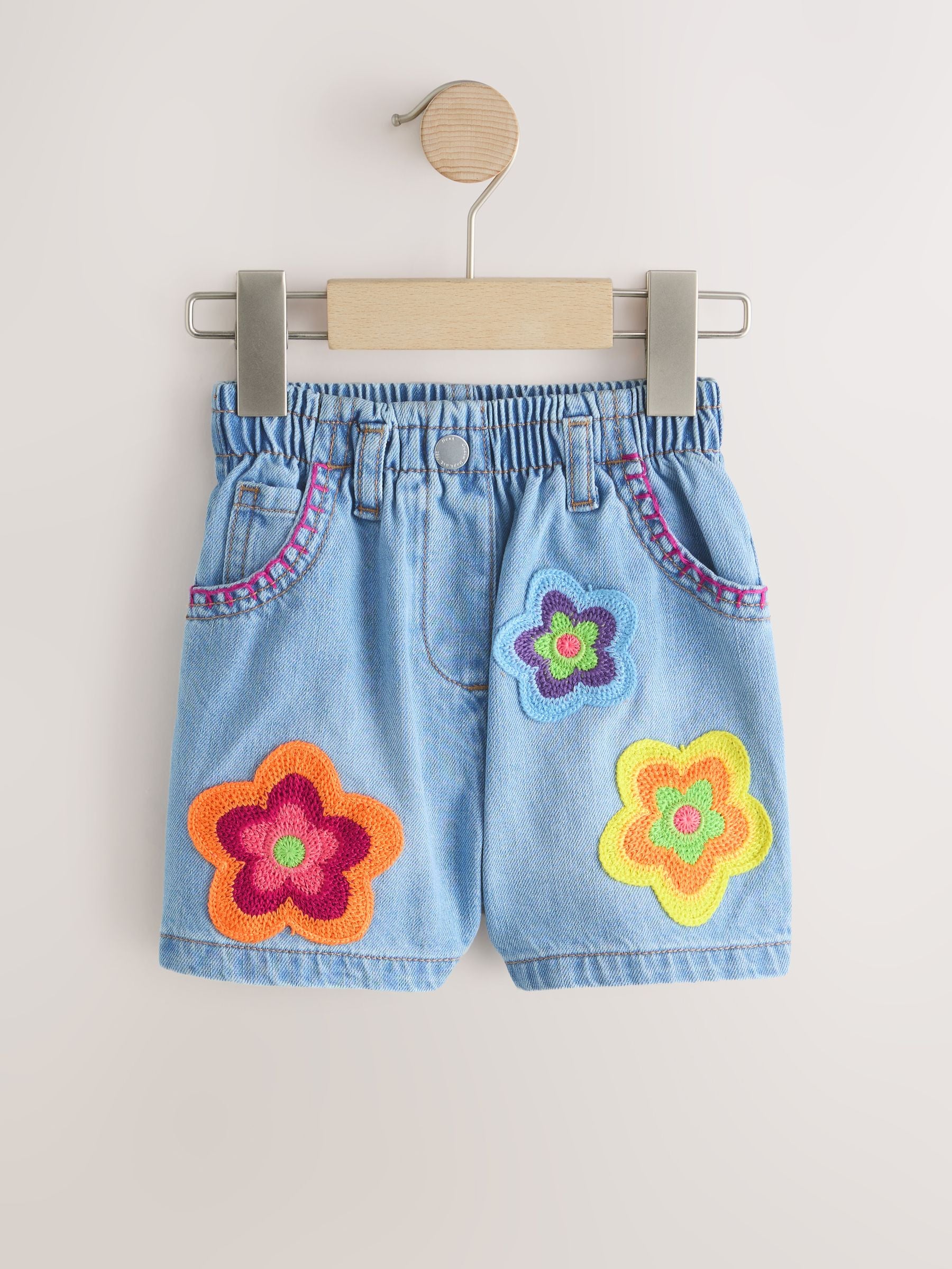 Mid Denim Crochet Flower Pull On Denim Shorts (3mths-10yrs)