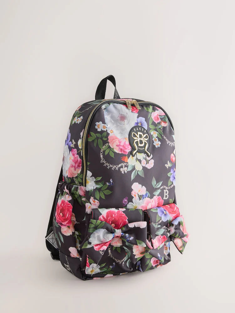 Baker by Ted Baker Black Back to School Childrens Floral Bow Backpack