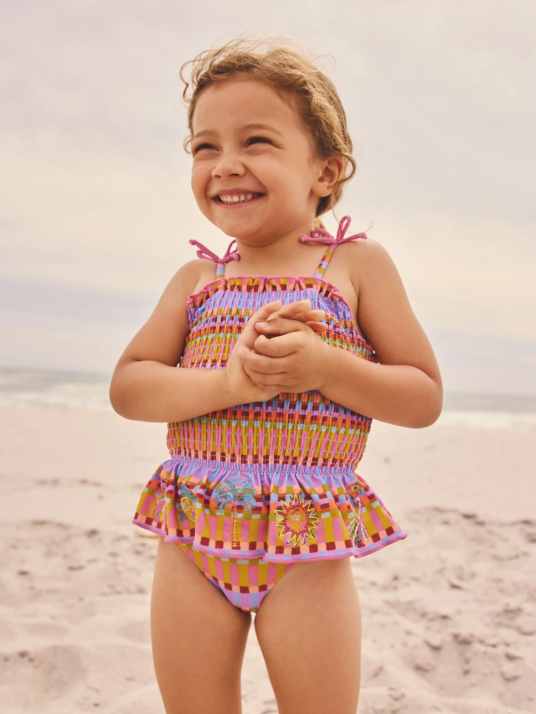 Purple/Orange Embroidered Shirred Swimsuit (3mths-10yrs)