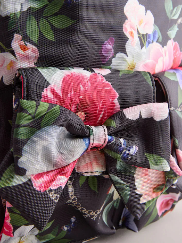 Baker by Ted Baker Black Back to School Childrens Floral Bow Backpack