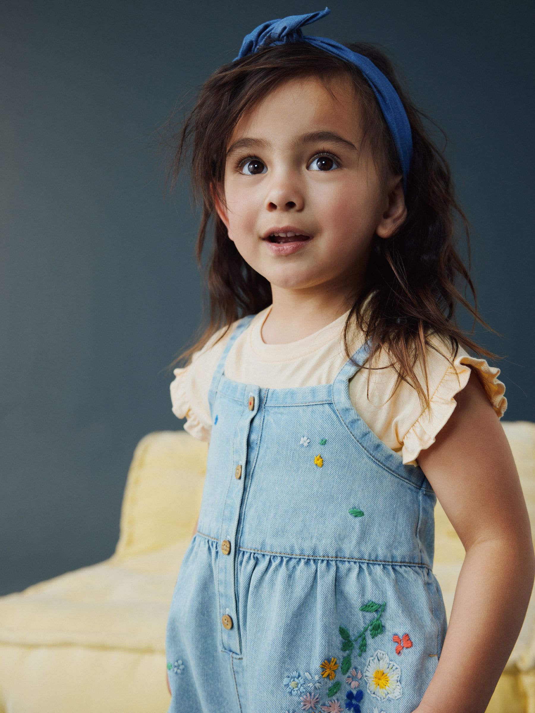 Mid Blue Floral Embroidered Denim Playsuit and T-Shirt (3mths-7yrs)
