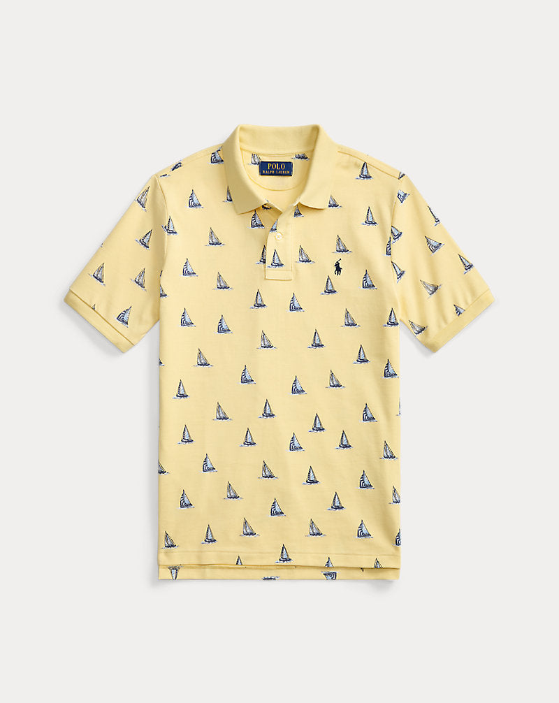 Sailboat-Print Cotton Mesh Polo Shirt